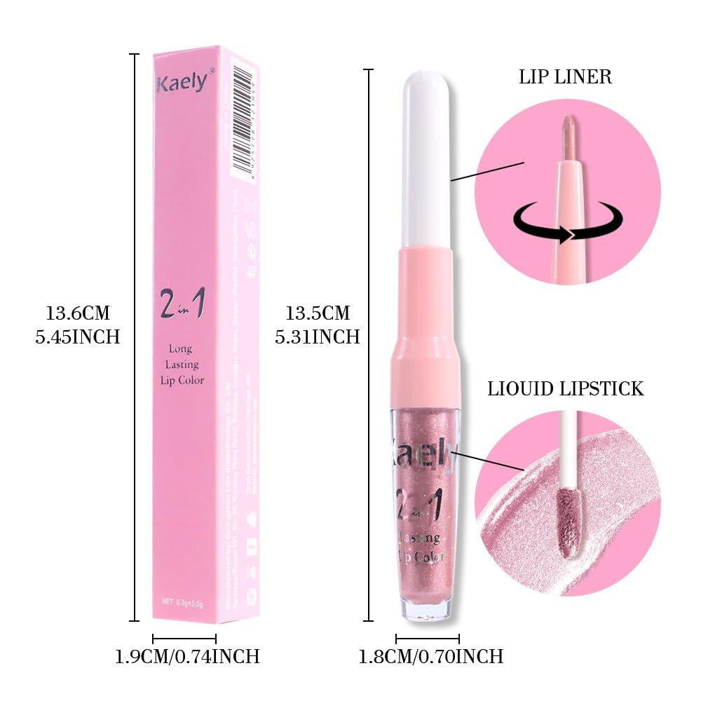 Kaely 2-in-1 Light Pink Metallic Lipstick and Lip Liner, Shimmer Liquid Metallic Lipsticks for Women, Glitter Lip Gloss Stain Long Lasting Waterproof Smudge Proof 24 Hour, Vegan Makeup, 02