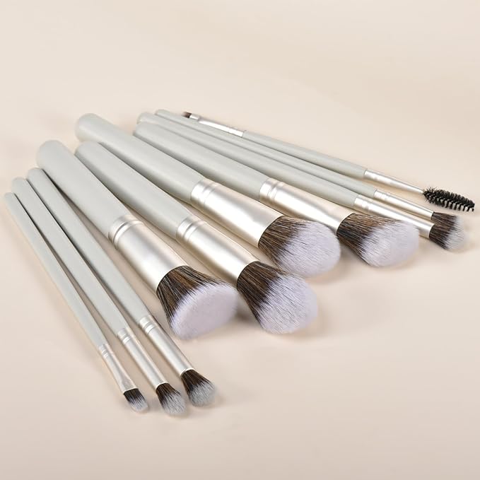 10 Piece Makeup Brushes - Grayish Green Wooden Handle with Soft Synthetic Bristles,for Face & Eye Makeup|Professional Makeup Brushes set for Women & Girls|