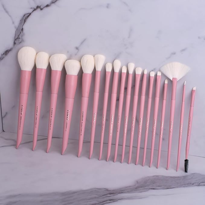 LORYP Makeup Brushes Set Labeled 18 Piece Face and Eye Brush Set Ultra soft hair Foundation, Concealer, Blush, Contour, Blending, Eyeshadow Pink Brush kit