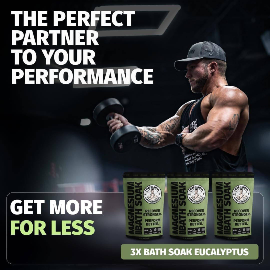 Coach Soak Recovery Bath Soak - Alternative to Epsom Salt Bath Soak - Fast-Absorbing Pure Magnesium Flakes with 21 Minerals, Bath Salts & Essential Oils - 9 lb (3 Pack) - Eucalyptus Tea Tree