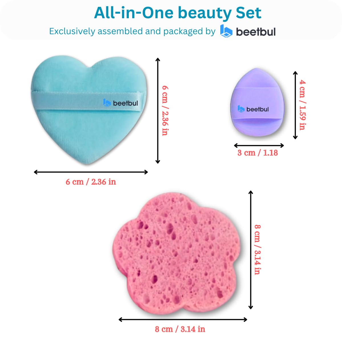 Beetbul Makeup & Exfoliation Kit - Bissú Compact Powder + 1 Medium Velvet Puff + 2 Finger Puffs + 1 Facial Exfoliating Sponge (03 Nude, One Size)