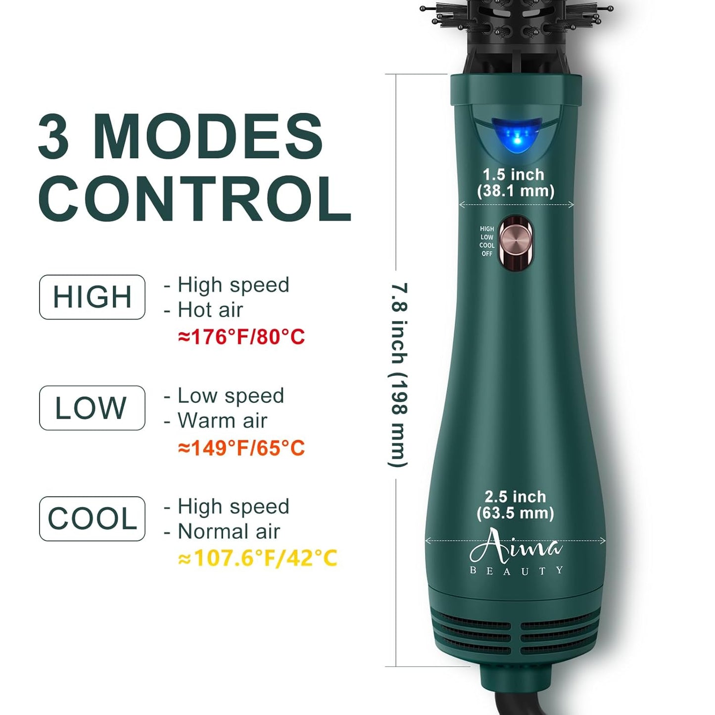 Aima Beauty Hair Dryer Brush, One Step Hair Dryer & Volumizing Hot Air Brush, 3 Heat/Speed Settings, Advanced Ionic Technology, Ceramic Coating, Nylon Pins & Tufted Bristles, Dark Green, 1000W, 125V