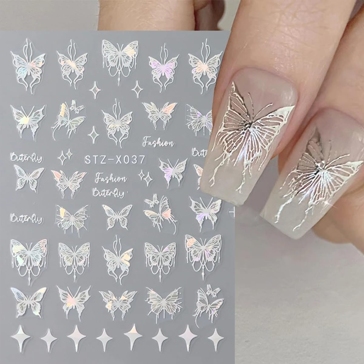 8 Sheets Holographic Butterfly Nail Art Stickers - 3D Self-Adhesive Designer Decals for Nail Art Charms - Blue White Glitter Nail Design for Women Nail Decor
