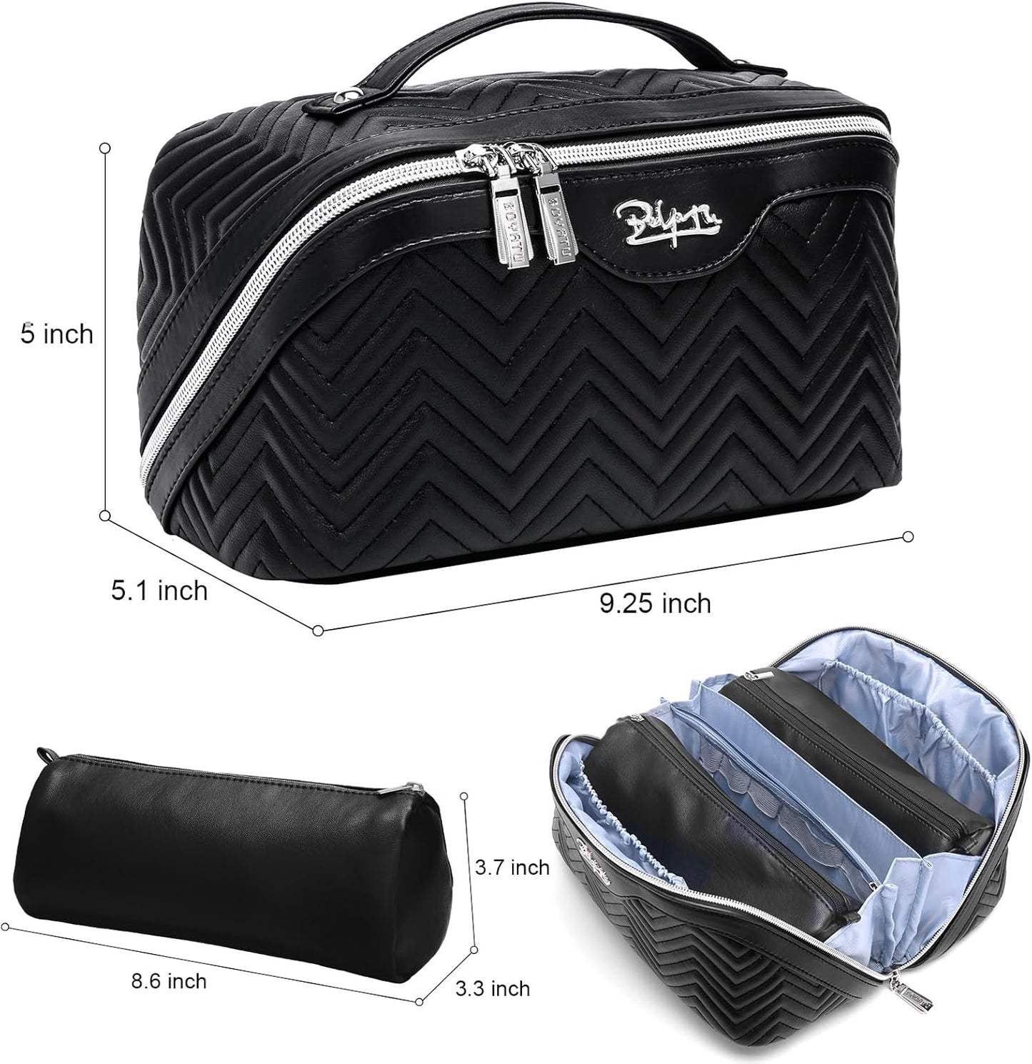 Travel Makeup Bags Cosmetic Organizer Bag: Quilted Make up Bag Set of 3 - PU Leather Toiletry Bags for Women - Portable Makeup Organizer with Compartments & Handle & Divider (14 Black New)