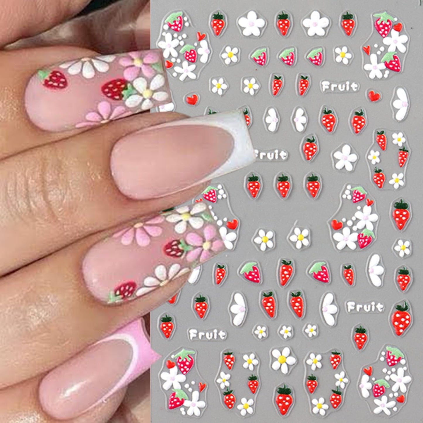 5 Sheets Autumn Winter Flower Nail Art Stickers 3D Self-Adhesive Nails Stickers Floral Strawberry Daisy Pattern French Tip Design Wine Red Brown Blue Gold 3D Decals Women DIY Nail Art Decoration