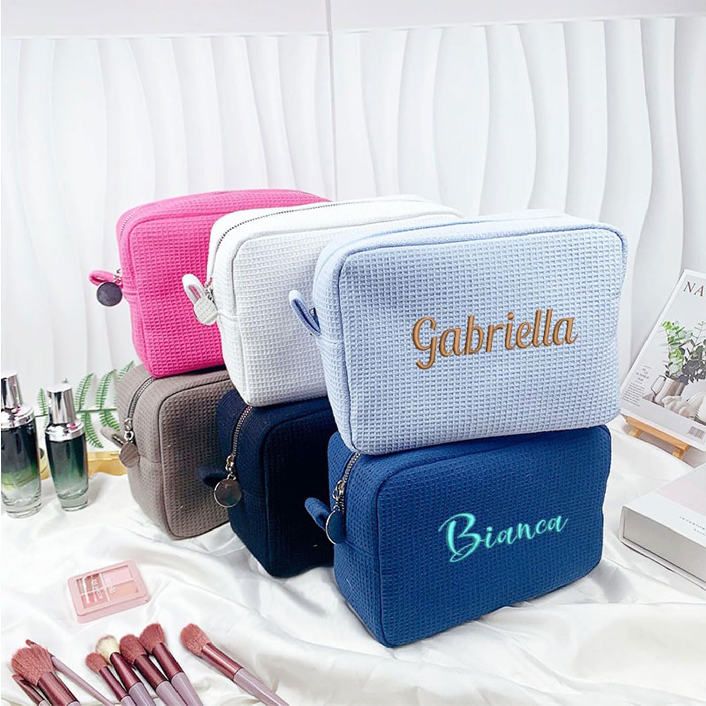 GOPHIE Personalized Embroidered Makeup Bag,Custom Waffle Fabric Cosmetic Pouch for Women, Travel Makeup Pouch (3, Black)