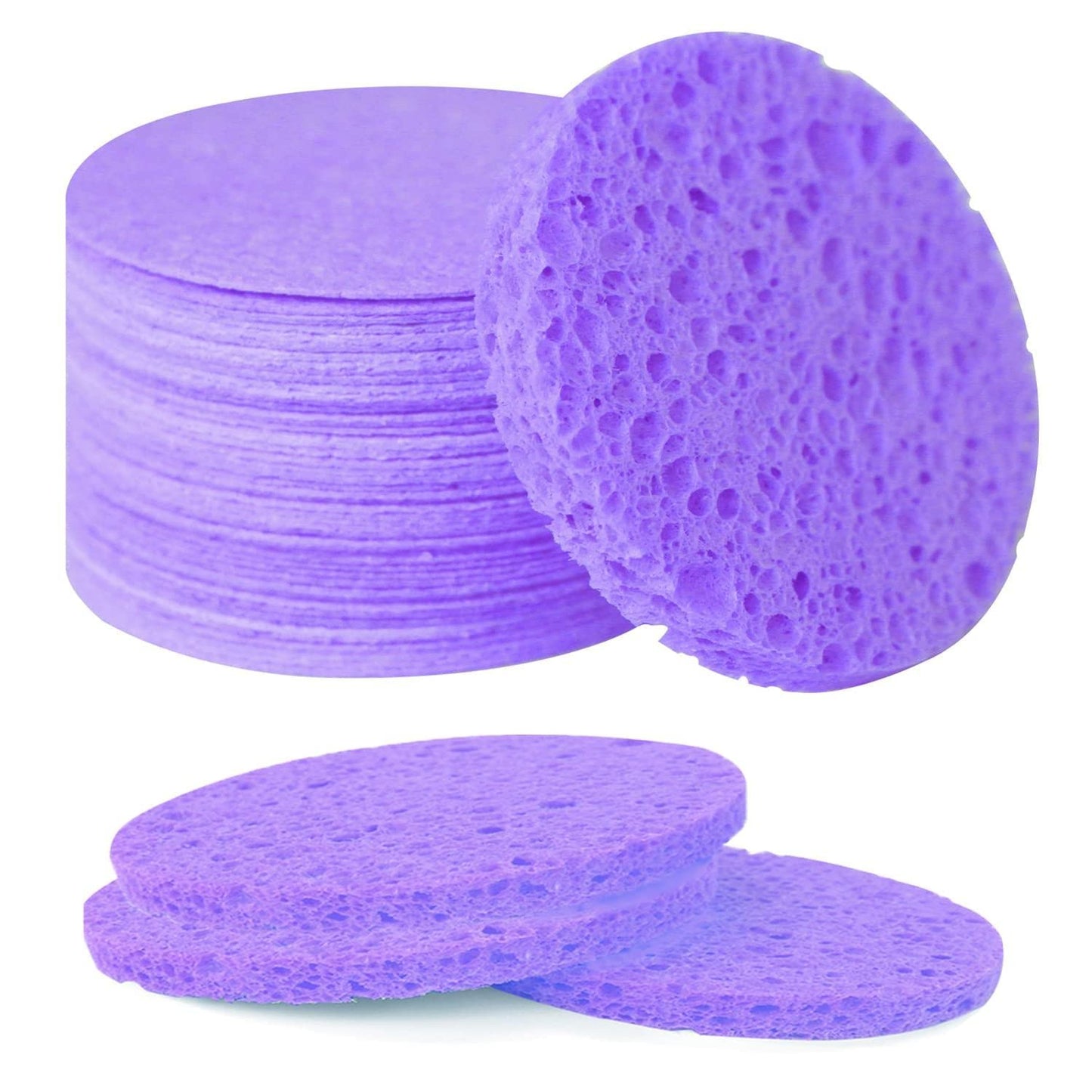 100-Count Facial Sponges Compressed Natural Cellulose Sponge Round Shape Face Sponge for Face Cleansing Exfoliating and Makeup Removal, Purple