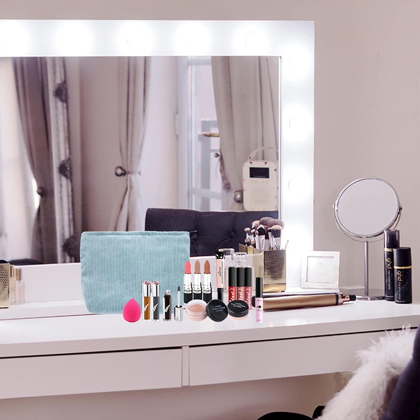 PAZIMIIK Makeup Bag Large Zipper Corduroy Make Up Pouch for Purse Travel Canvas Cosmetic Organizer for Women Brush Storage,Blue