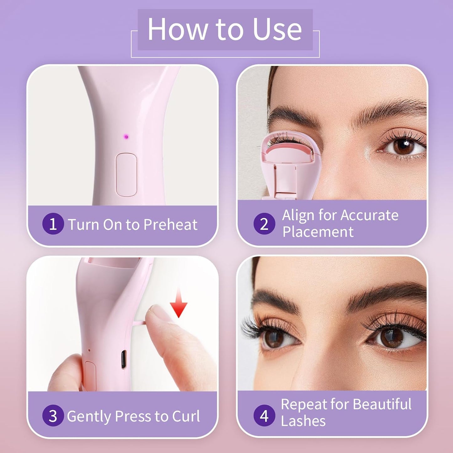 Heated Eyelash Curlers, Rechargeable Electric Eyelash Curler with Dual-Arc Design & 3 Adjustable Temperature - Safe Gentle Heated Lash Curler for Natural Curl Perfect Fit for Women