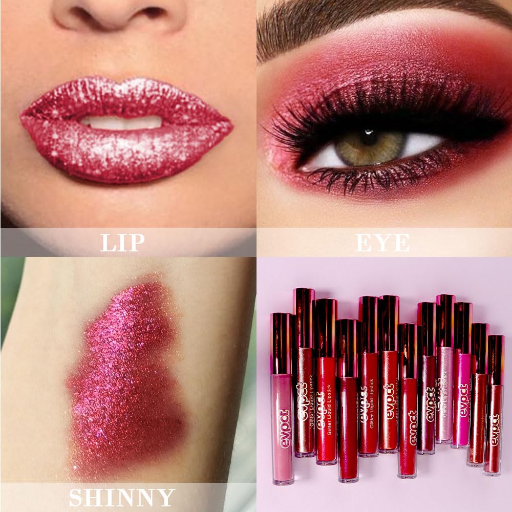evpct 2Pcs Plum & Dark Wine Red Matte to Glitter Liquid Lipstick Long Lasting Lip Set Kit for Women Diamond Shiny Glitter Sparkly Glossy Metallic Shimmer Sparkle Waterproof Lipstick Lip Gloss 06+13