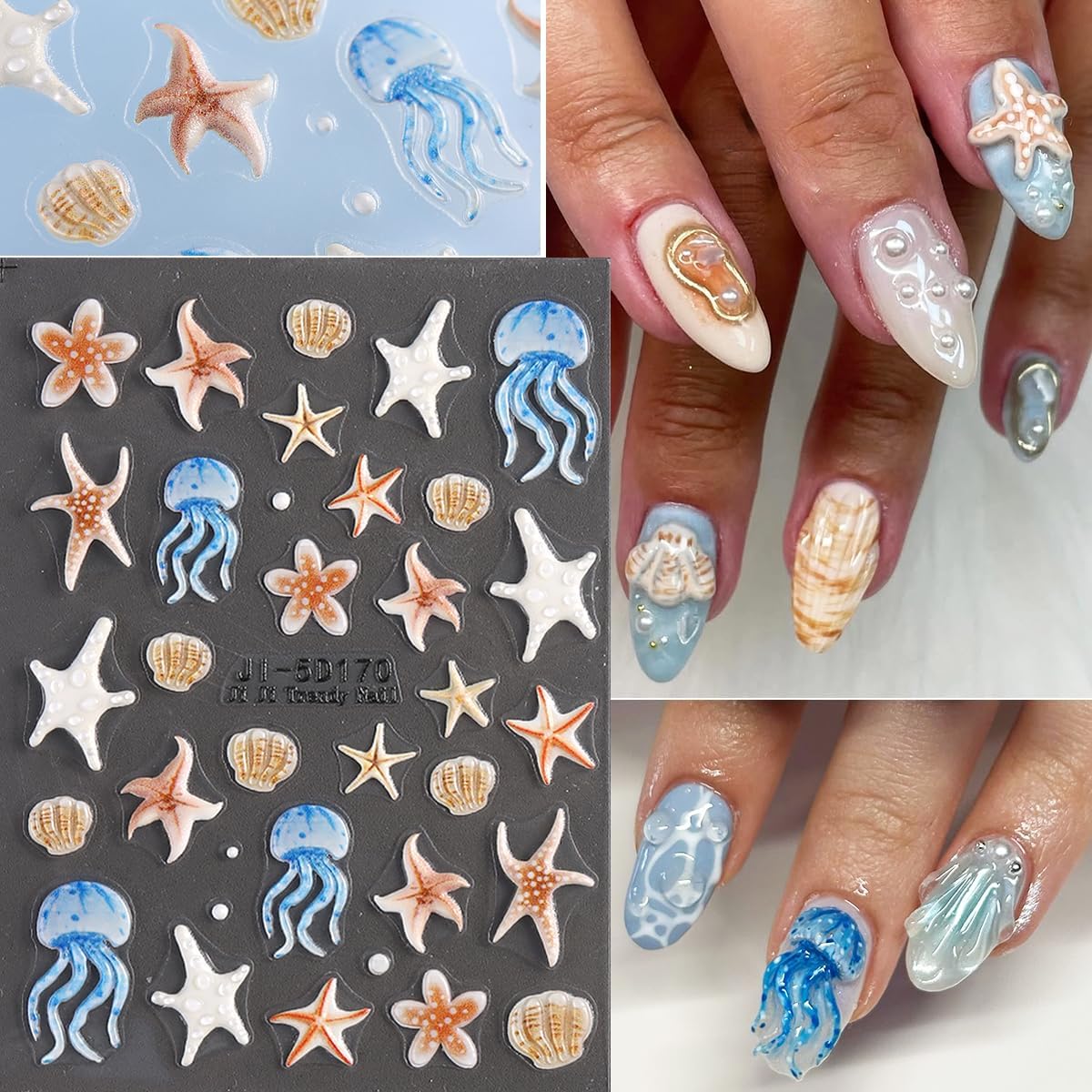 5D Embossed Ocean Nail Stickers, Summer Hibiscus Flowers Sticker for Nails Art Self-Adhesive Floral Decals Starfish Sea Shell Jellyfish Tropical Nail Stickers Pegatinas para Uñas