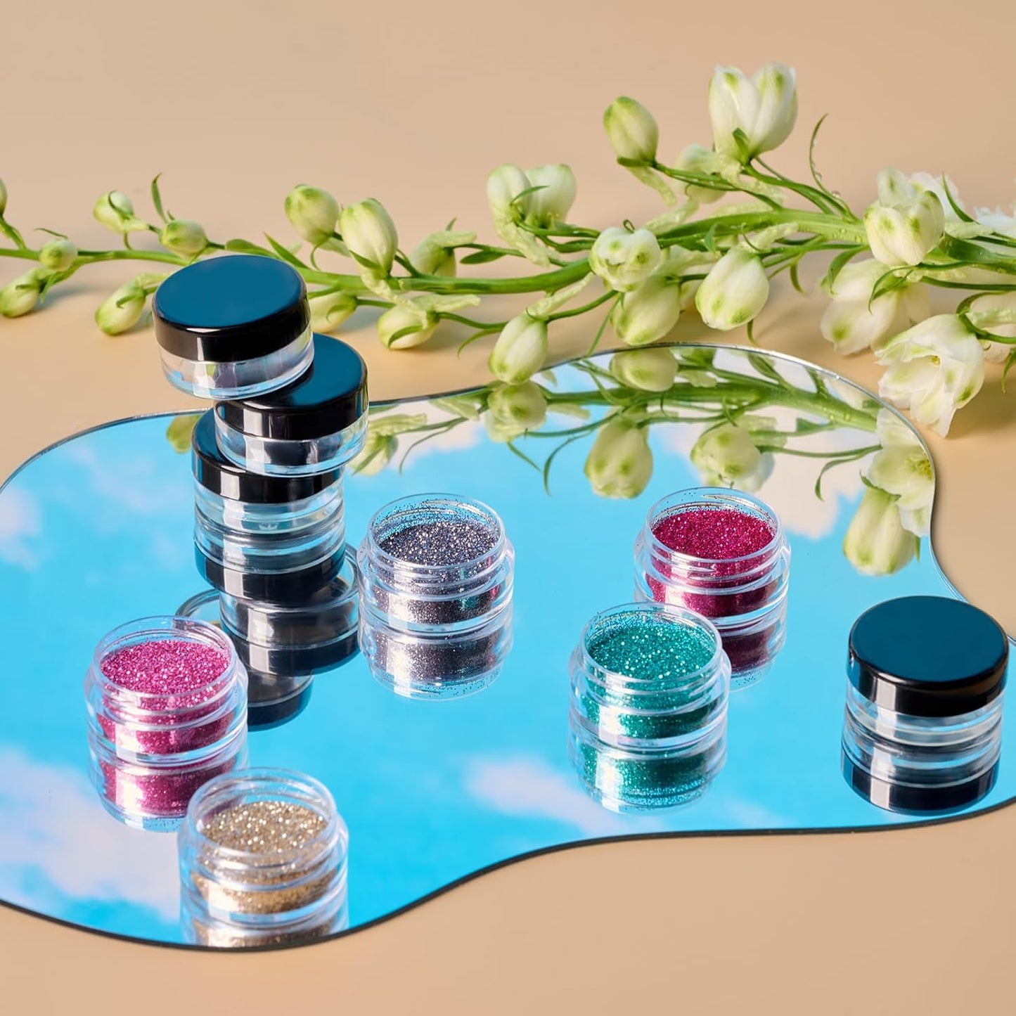 50 Pack 3 Gram Sample Containers with Lids, Small Plastic Cosmetic Jars, Makeup Travel Container Jar for Cream, Bead, Eye Shadow, Jewelry, Lotions, Powders, Glitters Lip Gloss with Labels,Spatulas