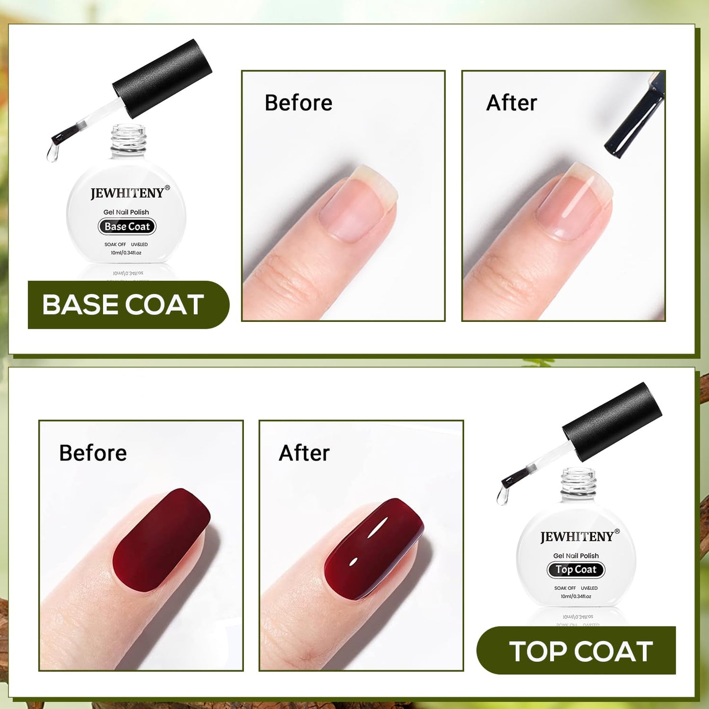 JEWHITENY 2 Bottles 10ML Gel Top Coat and Base Coat Set Gel Polish Long Lasting Glossy Shine Effect DIY Nail Art Design Need U V Lamp Curing