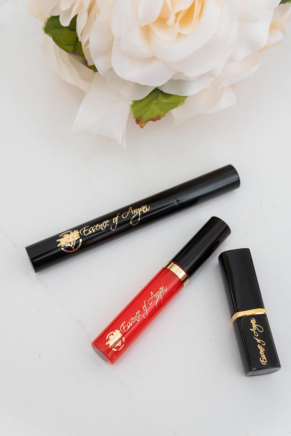 Essence of Argan Moisturizing Lipstick, Nourishing Lip Gloss & Lash Conditioner Mascara with 100% Pure Organic ECOCert Argan Oil - Voluptuous Sexy Lips & Longer Stronger Lashes Makeup Set