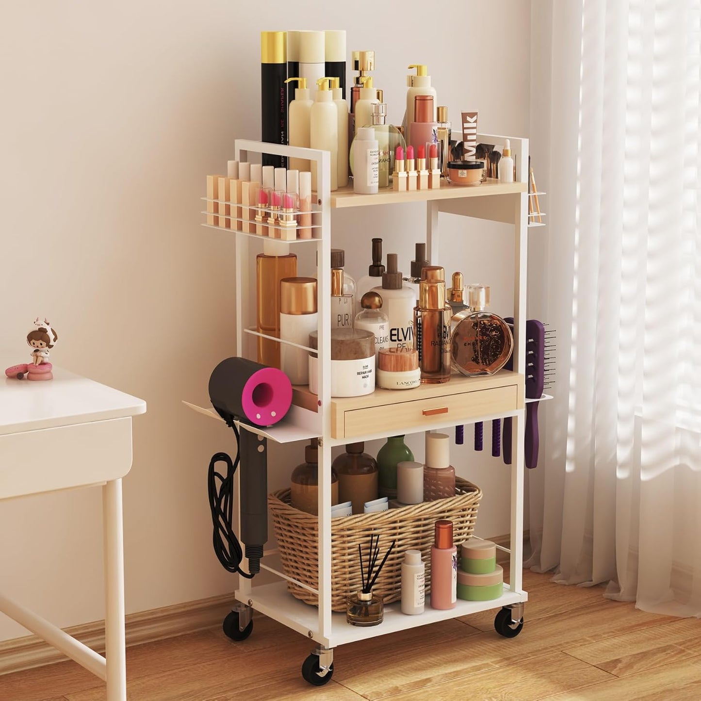 Makeup Organizer Storage Cart, Floor Skincare Organizers, Makeup Stand with Drawers, Vanity Organizer Cosmetics Display Cases Holder for Skin Care Nail Polish Perfume Makeup Brush Hair Tool