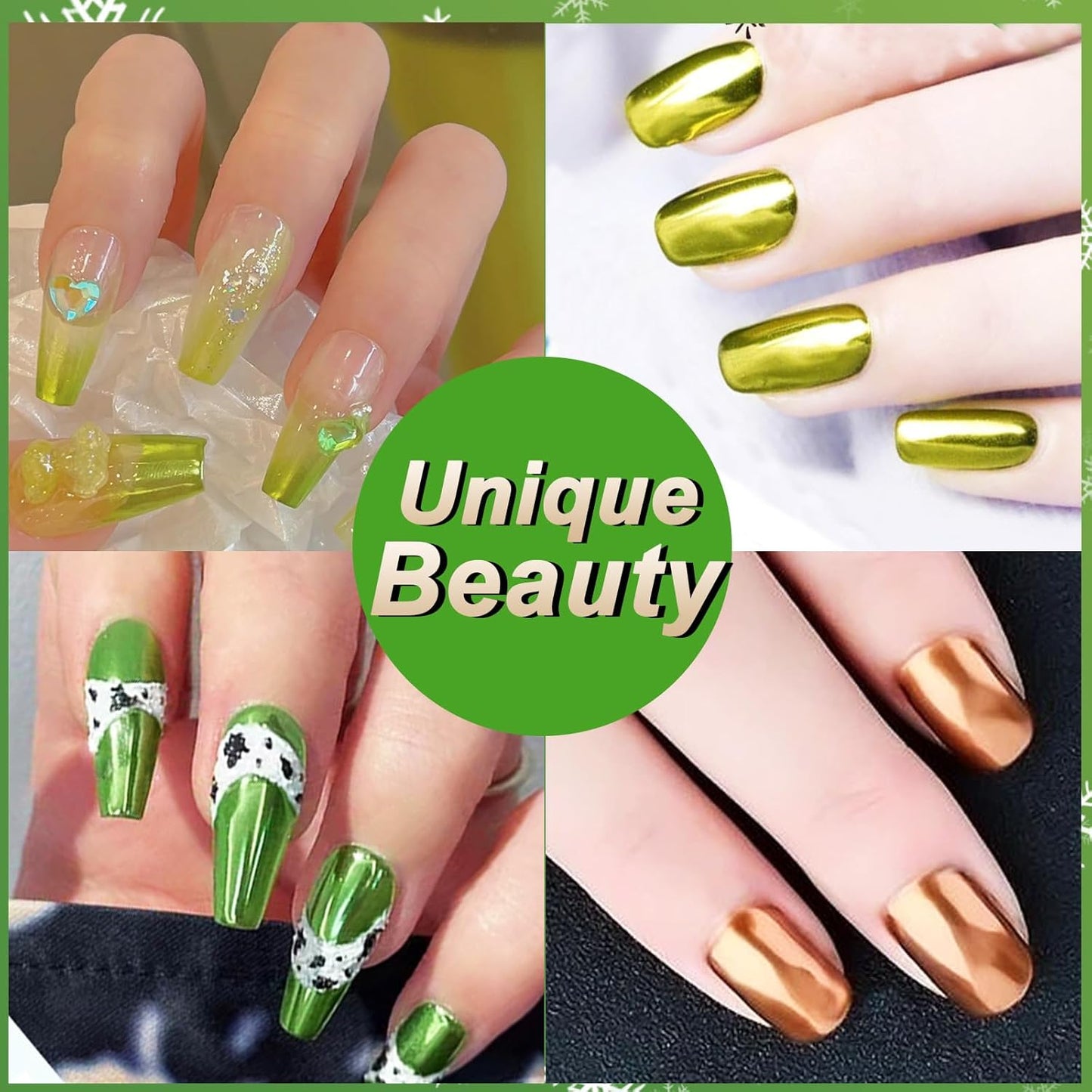 Allstarry Green Chrome Nail Powder, 4 Colors Mirror Effect Metallic Pigment Manicure Holographic Glitter Dust Kit for Gel Polish St Patricks Day Nail Art St Patty's Day Accessories - Forest Afterglow