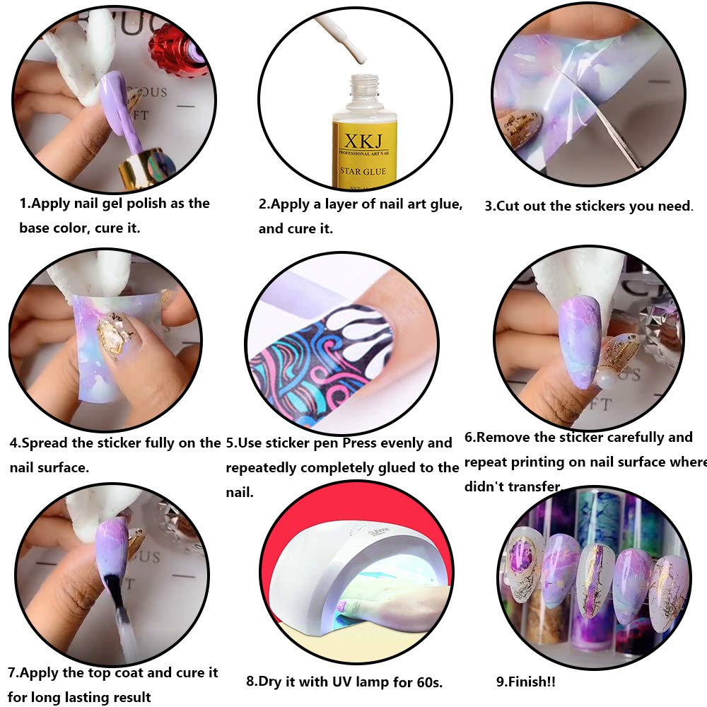 Kalolary 20 Color Starry Sky Stars Nail Art Foil with Nail Glue, Holographic Nail Art Transfer Stickers DIY Decoration, for Nail Art Salon or Home Use