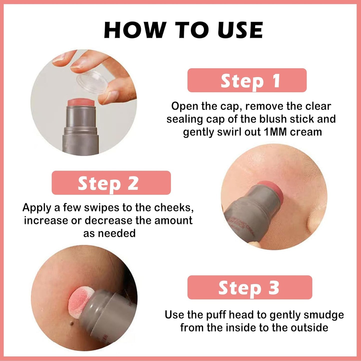 Cream Blush Stick with Sponge 3 in 1 Multi-Use Blush Makeup Stick Long Lasting Waterproof Natural Matte Cream Blush Stick for Cheeks, Lips and Eyes - Rose Red