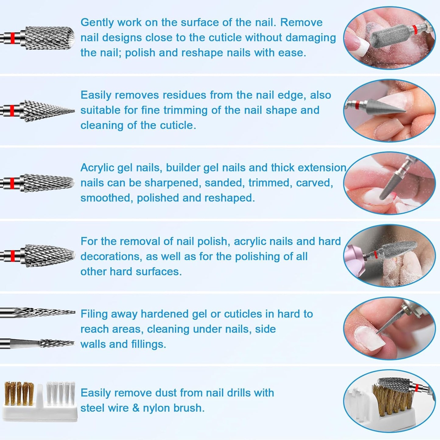 6 Pack Nail Drill Bits for Acrylic Nails, 3/32"" Shank Drill Bits for Nails, Professional Electric Cuticle Bit for Nail Drill, Cuticle Cleaner Nail Gel Polish Remover Tool for Home Salon-Red