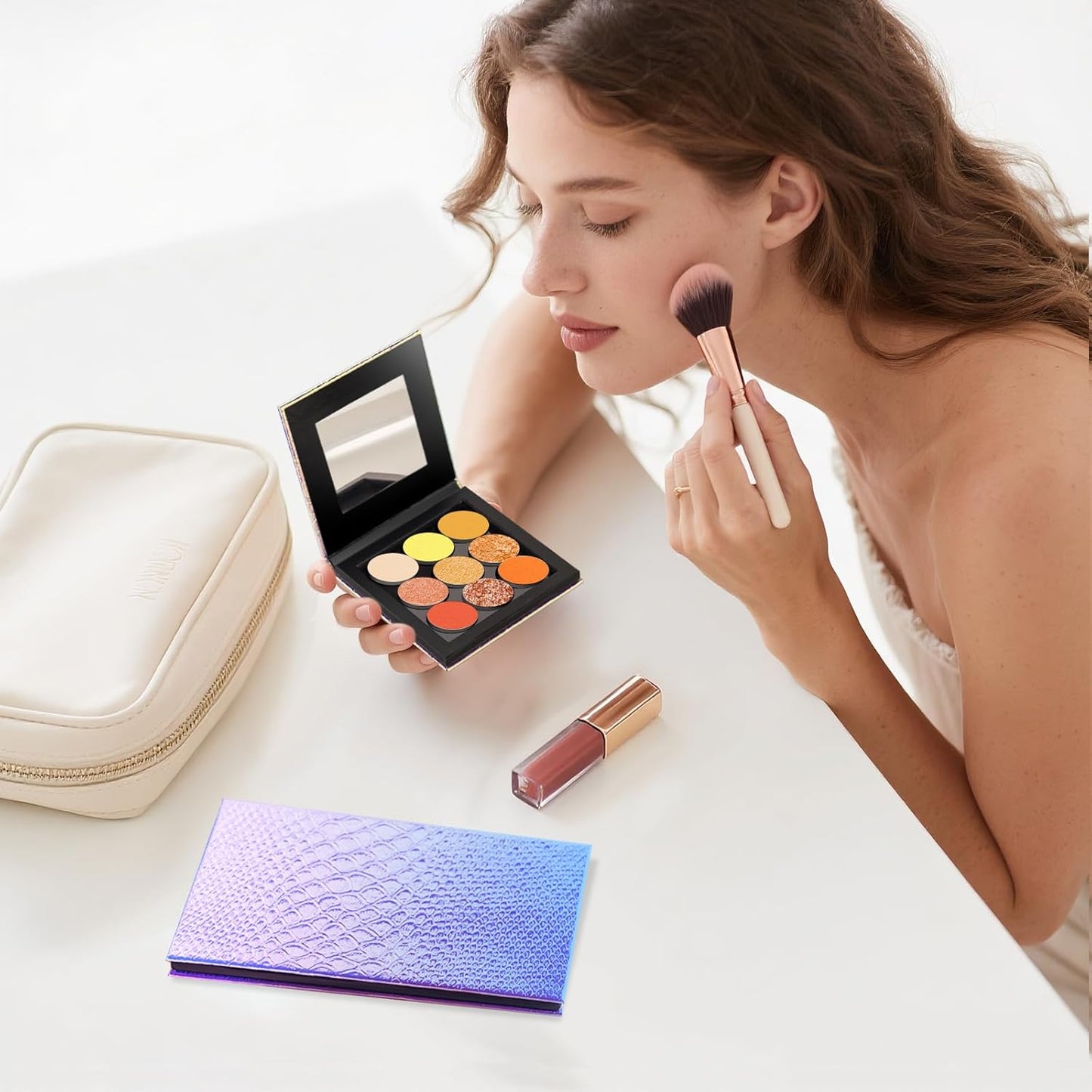 2 Packs Magnetic Makeup Palette Empty with Spatula and Metal Stickers, 18-pan and 9-pan Empty Eyeshadow Palette for Travel, DIY(Fish Scales)