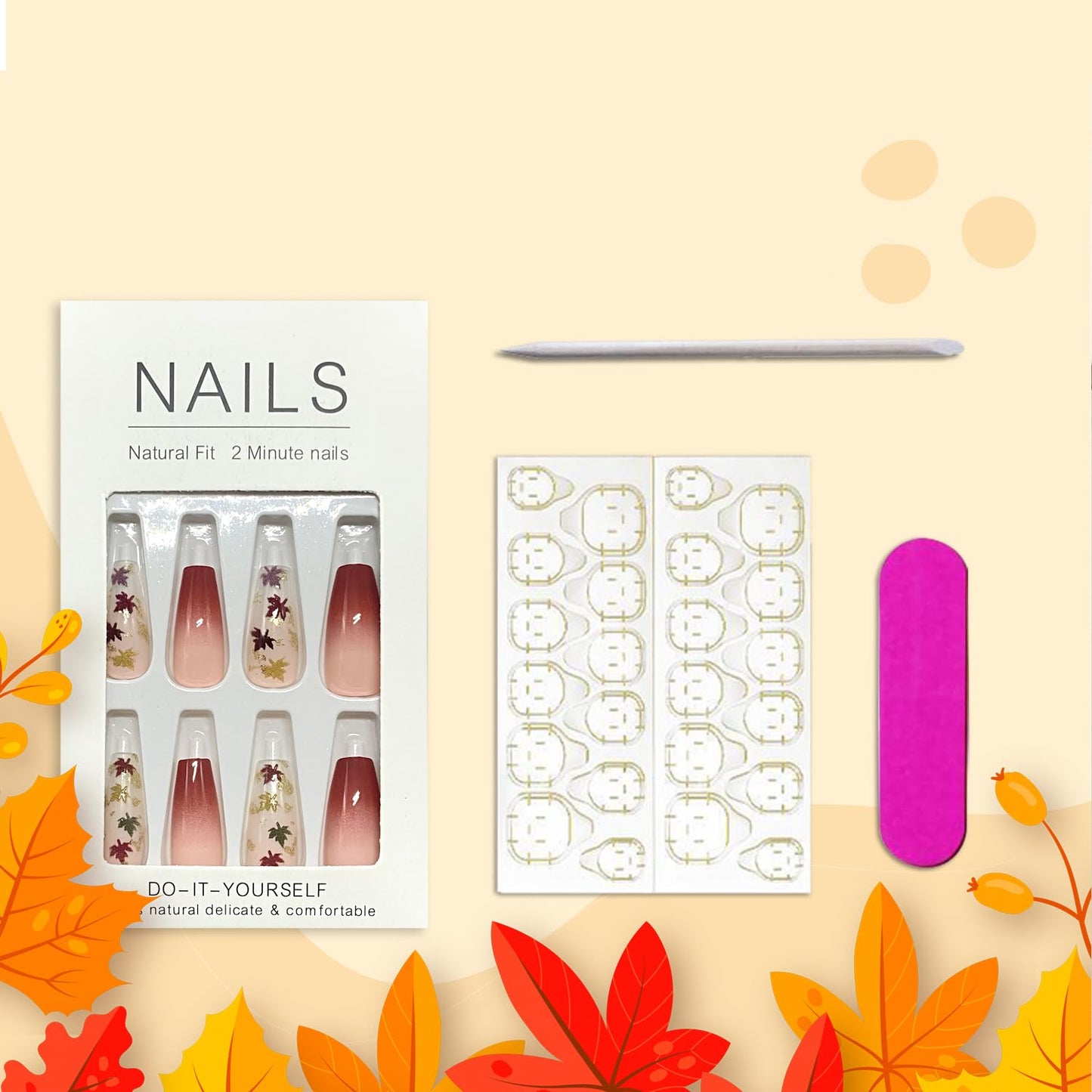 Fall Press on Nails Maple Leaf Sequins Fake Nails Thanksgiving Gradient Long Coffin Nail Glossy Autumn Maple Leaves Acrylic Glue on Nail for Women DIY Manicure