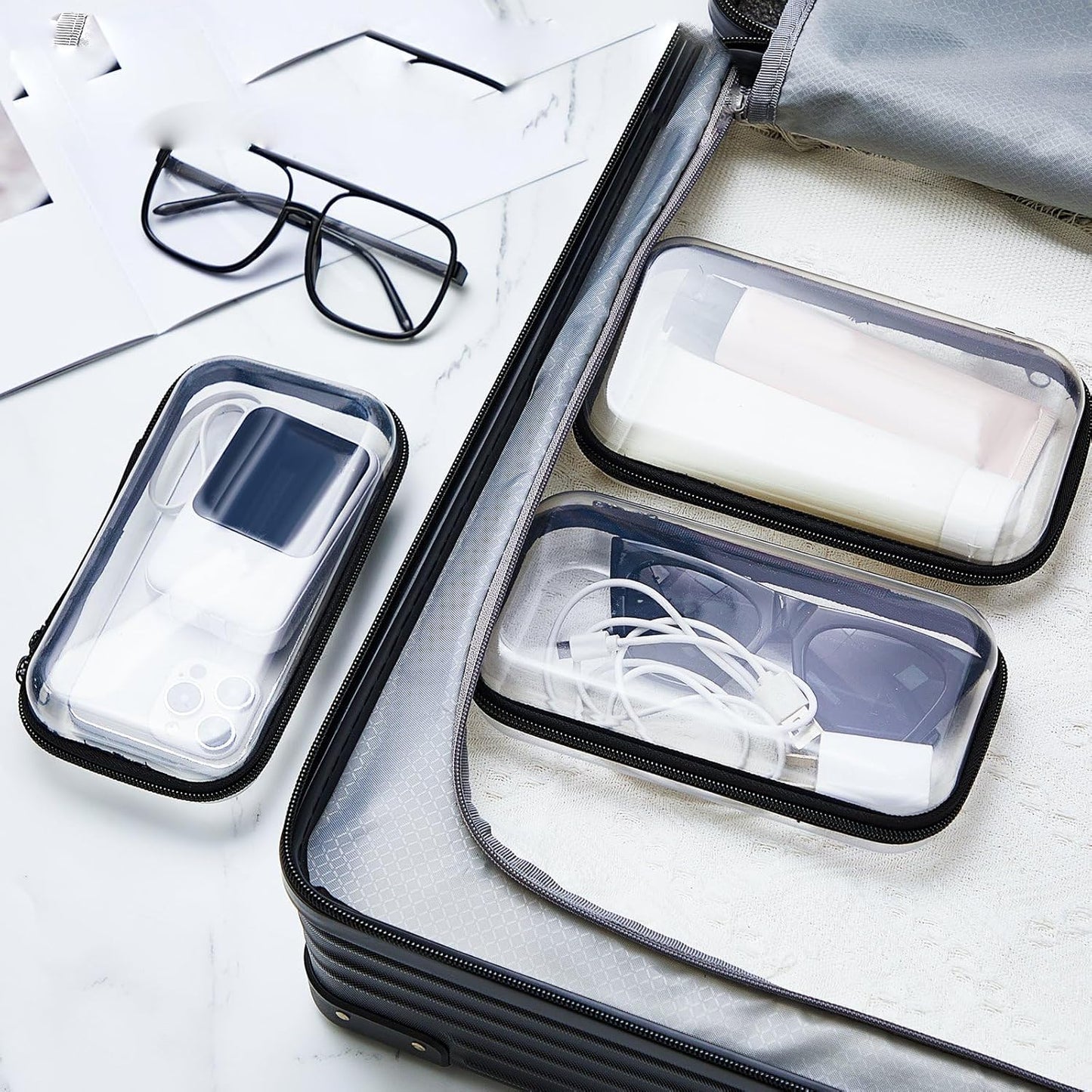 Hoolerry 3 Pcs Clear Hard Zipper Case Plastic Pouch Transparent Hard Case Clear Makeup Bag Portable Travel Organizer Bin for Cosmetics, Building Blocks, Puzzles(Black,S)