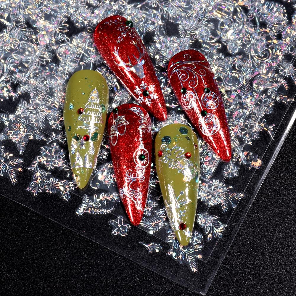 9 Sheets Merry Christmas Nail Art Stickers Decals Self-Adhesive Holiday Snowflakes Laser Silver Snowman Bell Nail Supplies Nail Art Design Decoration Accessories