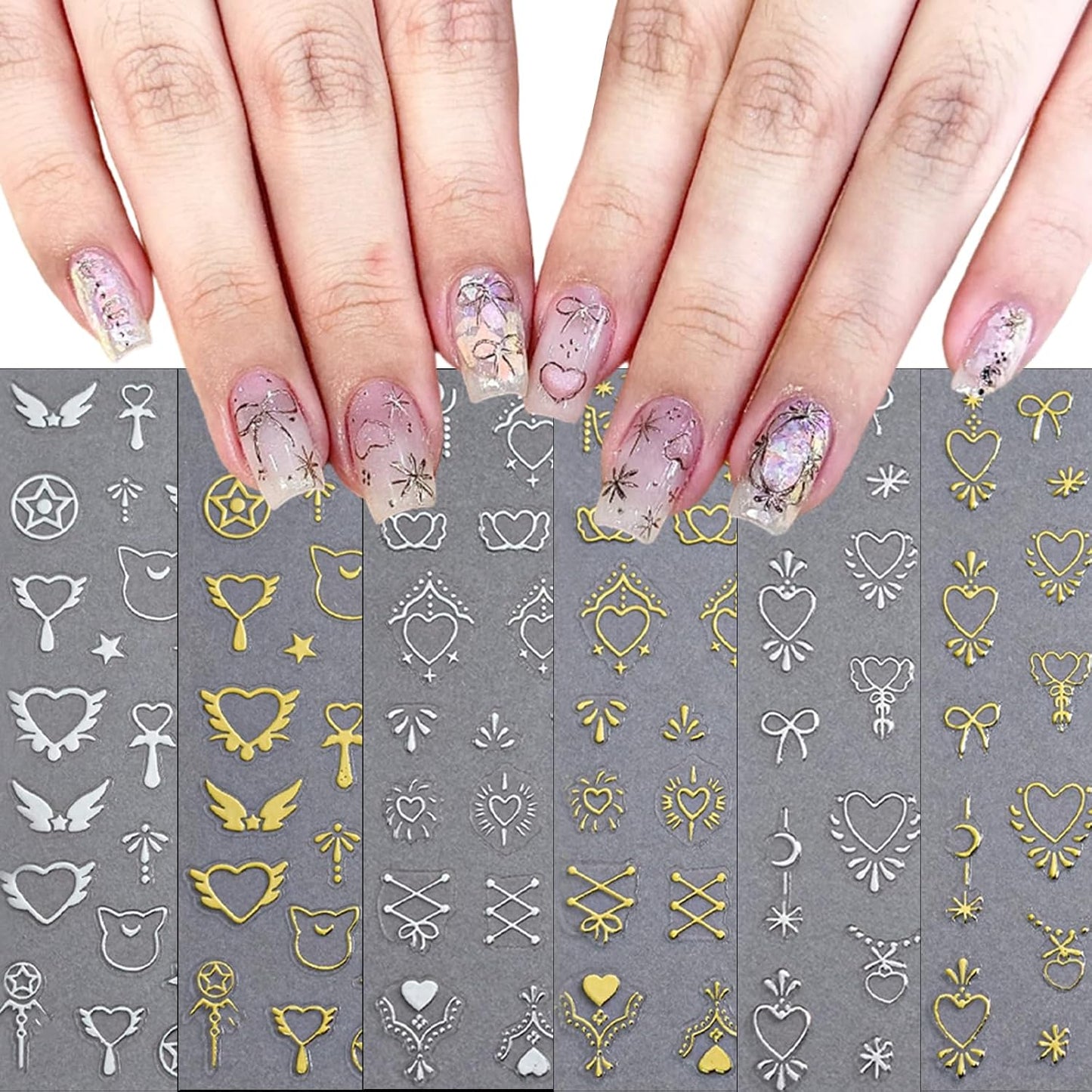 6 Sheets Love Bow Nail Art Stickers 3D Self-Adhesive Metallic Sweetheart Girl Armor Nail Sticker Retro Gold Sliver Starlight Glitter Nail Design Sticker for Women Girls Acrylic Manicure Decorations
