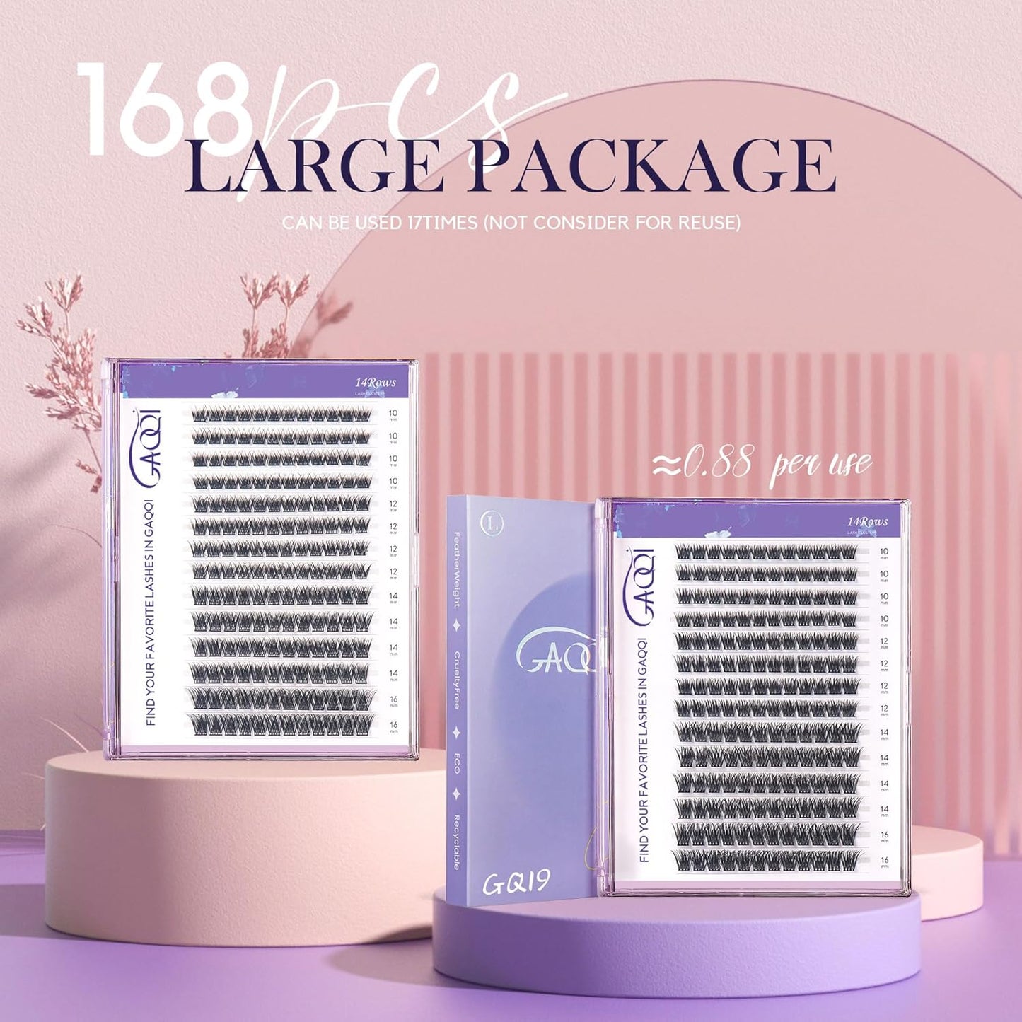 GAQQI Lash Clusters, GQ19 Individual Lashes 168pcs D Curl, DIY Lash Extension 14mm Length Only False Eyelash Clusters, Natural & Wispy Lash Wisps (GQ19,D Curl,14mm)