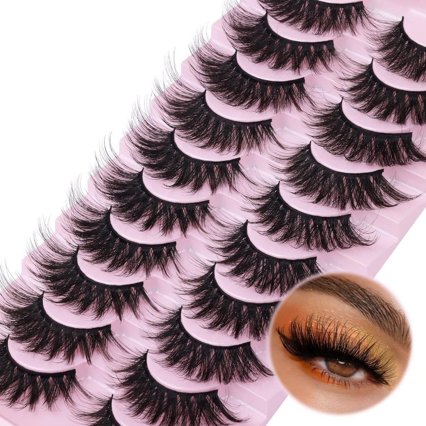 FANXITON False Eyelashes Fluffy Mink Lashes 20 mm Cat Eye Lashes Long 5D Wispy Dramatic 10 Pairs Pack