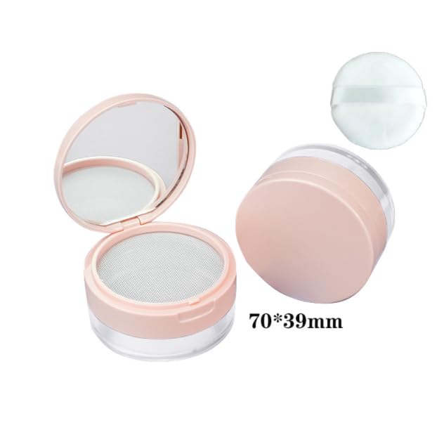 Loose Powder Cocntainer No Leaks Empty Reusable Plastic Loose Powder Compact Container Makeup Powder Case with Sponge Powder Puff,Elasticated Net Sifter and Pink Threaded Screw Lid