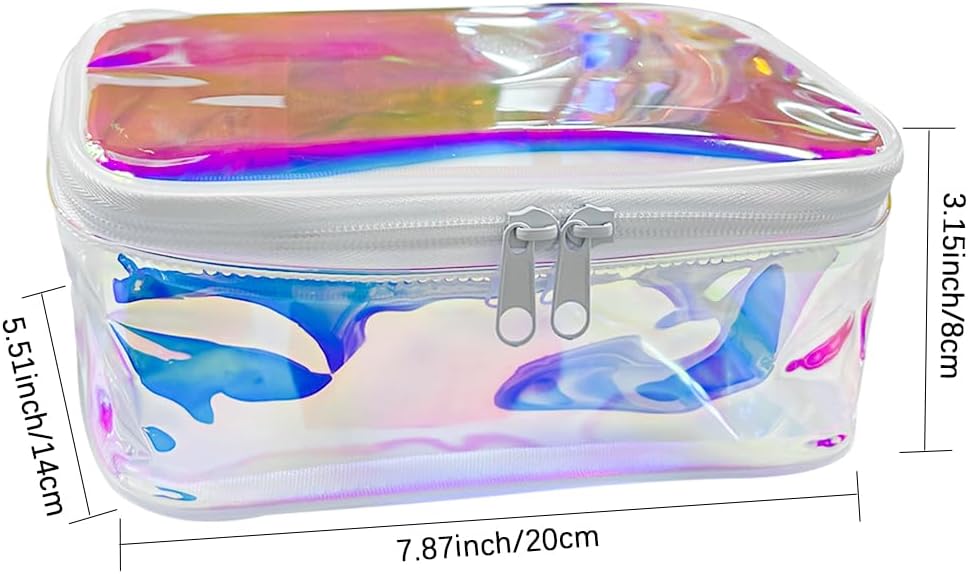 TPU Holographic Clear Makeup Bags Bulk,Clear Storage Bag Toiletry Pocket Portable Zippered Iridescent Pouch Waterproof Cosmetic travel Bags with white zipppe for Women