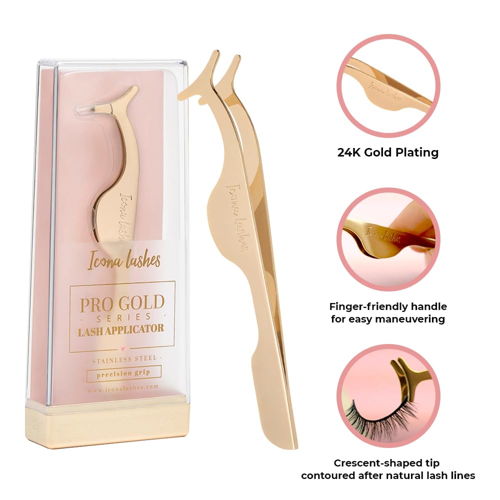 Eyelash Applicator for False Eyelashes & Lash Extensions || 24K Gold Plated Stainless Steel with Contoured Tip for Precise Application & Ergonomic Handle for Comfortable Grip