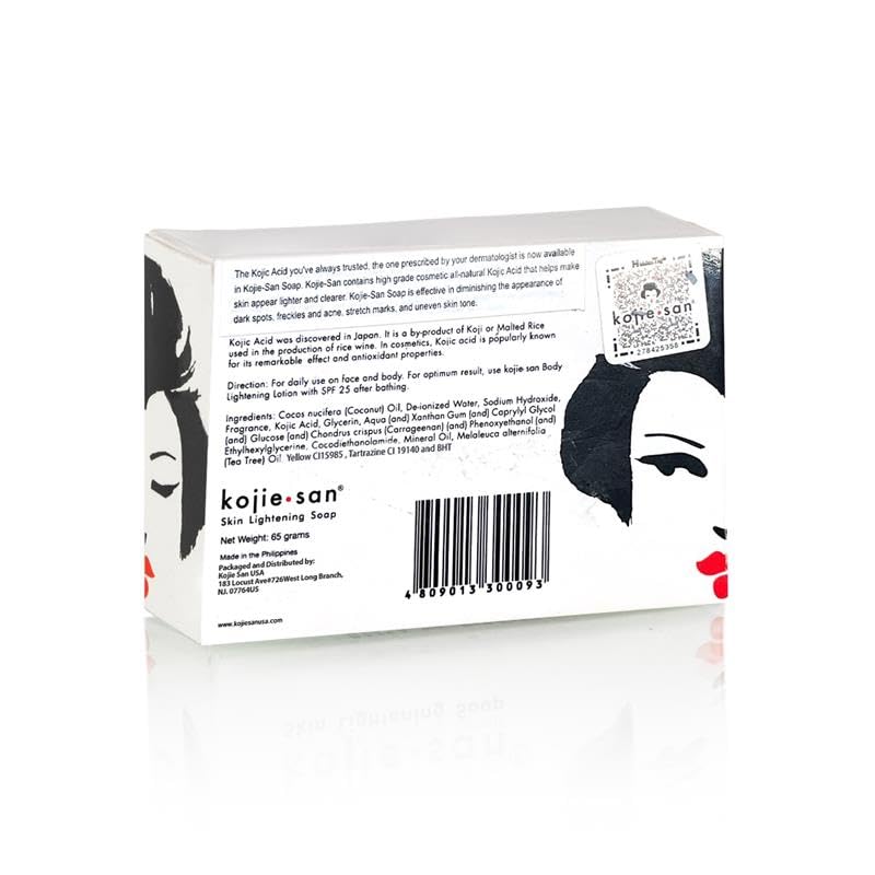 Kojie San Face & Body Shower Set - The Original Kojic Acid Soap, Dark Spot Remover Bar Soap with Coconut & Tea Tree Oil – 65g x 8 Bars with Leafa Soap Net, Brush and Soap Dish