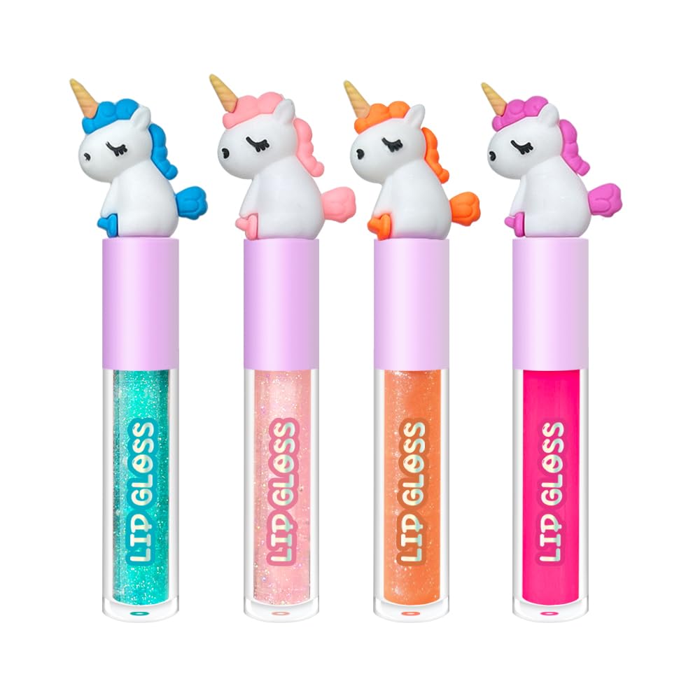 M&U MAKE YOU UP 4pc Unicorn Lip Gloss Stick for Girls- Party Favors Glossy Lip Set with Magic Topper, Girls Birthday Gift, Princess Theme Gift (4 Pack) - Non Toxic
