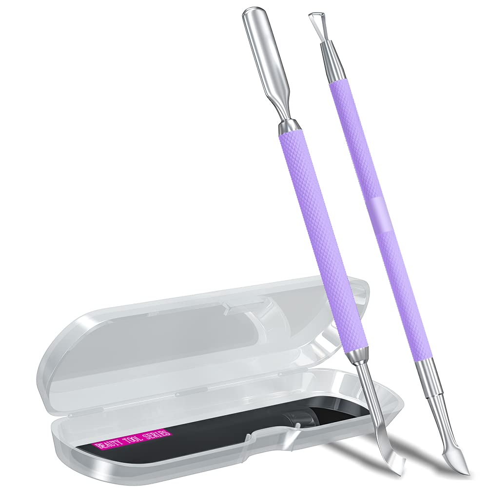 2PCS Metal Lavender/Taro Purple Cuticle Pusher and Cutter Remover Salon Quality Stainless Steel Gel Nail Polish Peeler Scraper Durable Manicure and Pedicure Cleaner Tool For Fingernail and Toenail