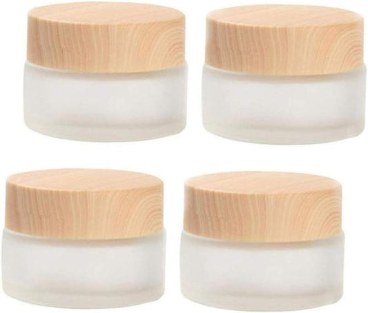 50 Gram/50 ml Empty Sample Jars Round Frosted Glass Bottle Cosmetic Cream Jar Wood Grain Lid Cosmetic Container Glass Cream Box Refillable Cream Pot Jars for Lip Balm Lotion Eyeshadow,4 Pack