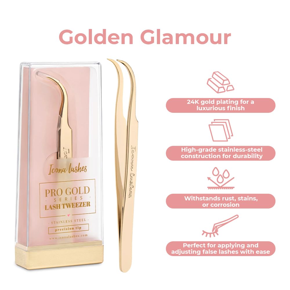 Hair Removal & Eyelash Tweezer - J-curved Tip for Precise Plucking - Applicator Tool for False Eyelash Clusters & Lash Extensions - 24K Gold Plating, Stainless Steel - Case Included