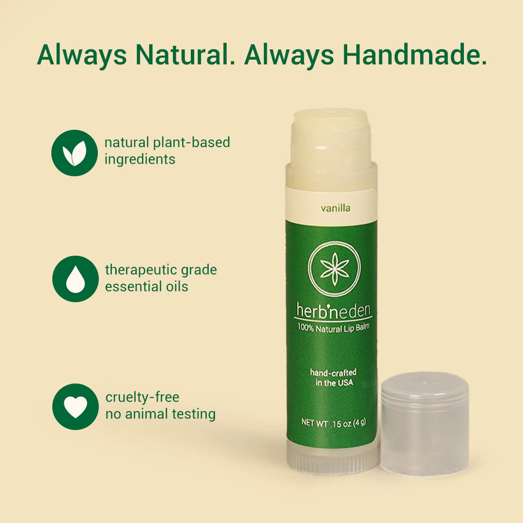 Herb’N Eden Vanilla Lip Balm Pack of 3 | Moisturizing and Soothing for Dry, Chapped Lips | 100% Natural Ingredients | Essential Oils