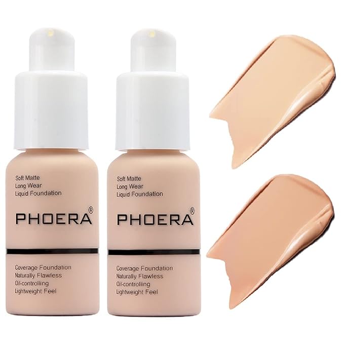 2 Pack PHOERA Foundation,Matte Oil Control Concealer Foundation Cream,PHOERA Long Lasting Waterproof Matte Liquid Foundation for Women Girls (102 Nude+103 Warm peach)