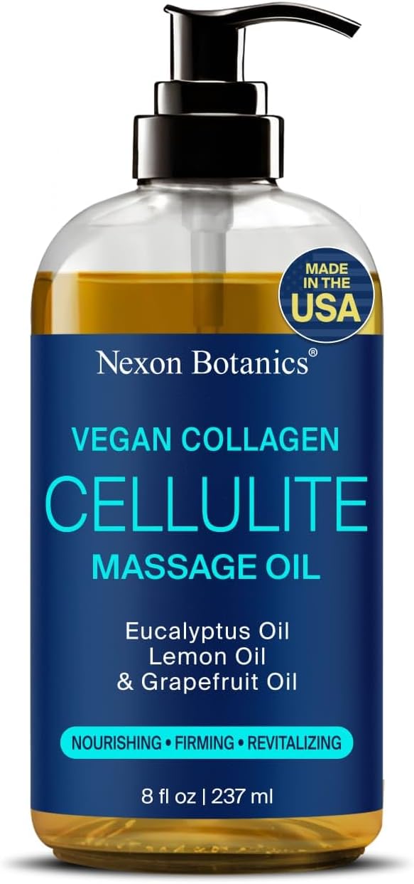 Anti-Cellulite Massage Oil for Massage Therapy 8 fl oz - Refreshing and Relaxing - Natural Oils with Vegan Collagen and Stem Cells - for Men and Women - Nexon Botanics