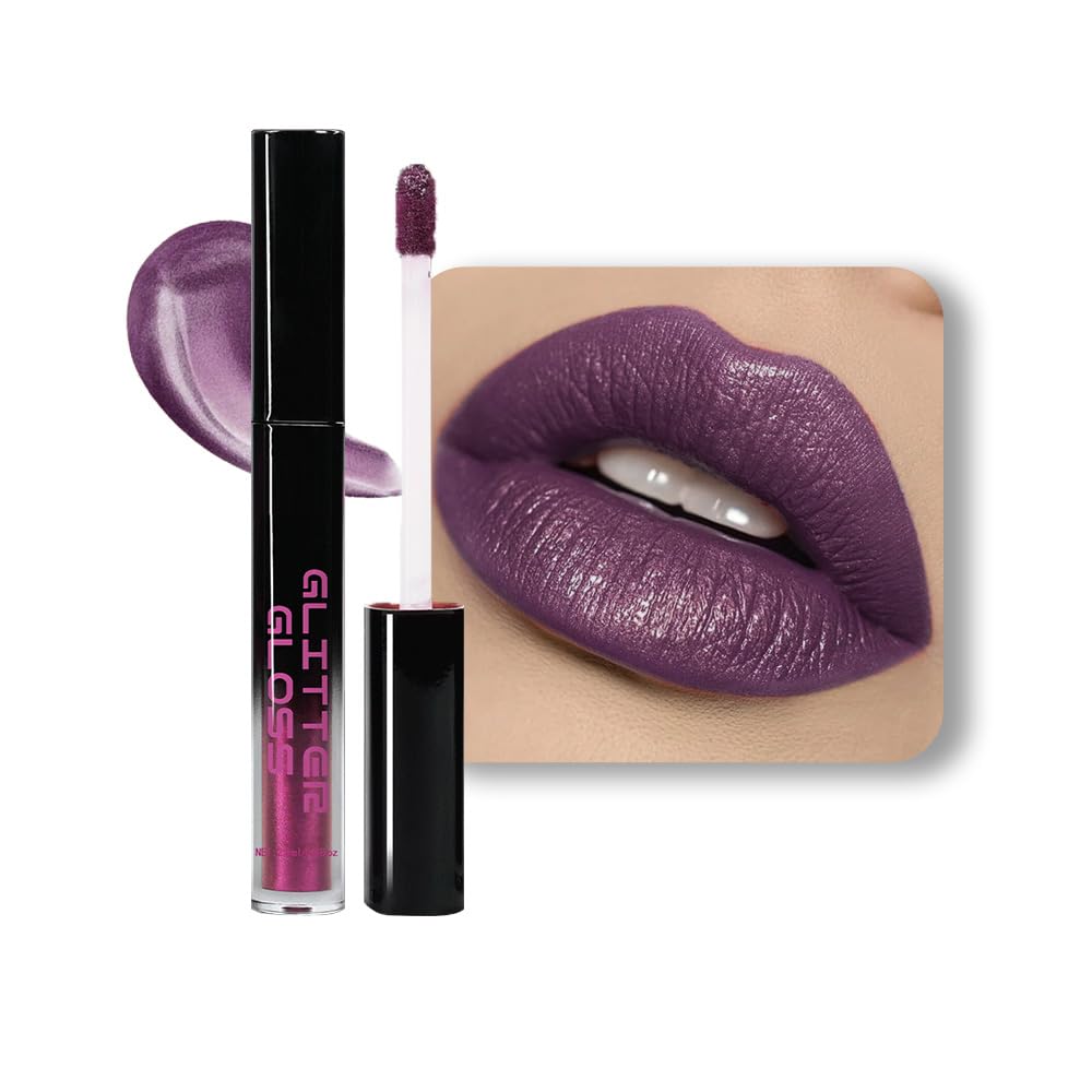 Dark Purple Metallic Lipstick for Women,Glitter Sparkling Liquid Lipstick,Long Lasting Waterproof Lightweight Comfortable Non-Drying Bold Dark Lip Gloss for Gothic Stage Makeup,Vegan