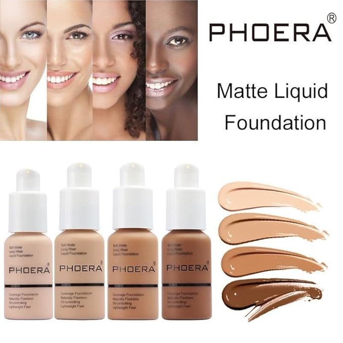 2 Pack PHOERA Foundation, Flawless Soft Matte Liquid Foundation Makeup for Women.(104# Buff Beige and 105# Sand)