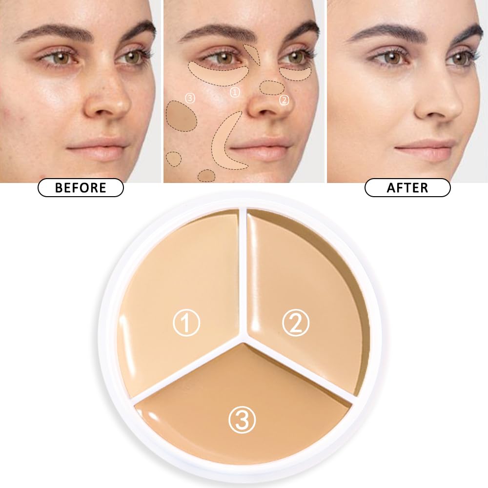 Kaely Tri Color Concealer Pot,Color Correcting Concealer for Dark Circles Spots,3 Color Cream Concealer Full Coverage,Foundation Contour Makeup Palettes,under Eye Brightener corrector de ojeras,01