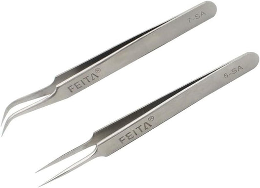 FEITA Precision Eyelash Extension Tweezers Set - Professional Straight & Curved Pointed Very Fine Tip Tweezers for Lash Extensions - Silver - 2Pcs