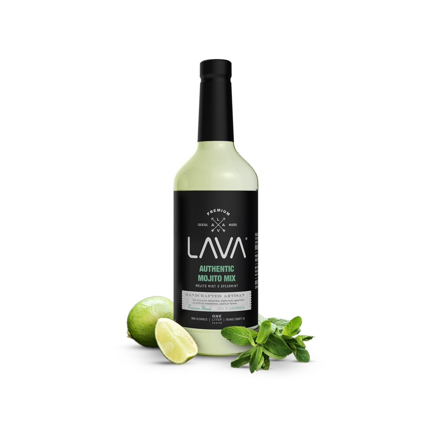 LAVA Premium Authentic Mojito Mix, Made with Real Lime Juice, Mojito Mint, Spearmint, Demerara, Cane Sugar, Refreshing Rum Mojito Mixer. Ready to Use. 1-Liter (33.8oz) Glass Bottle