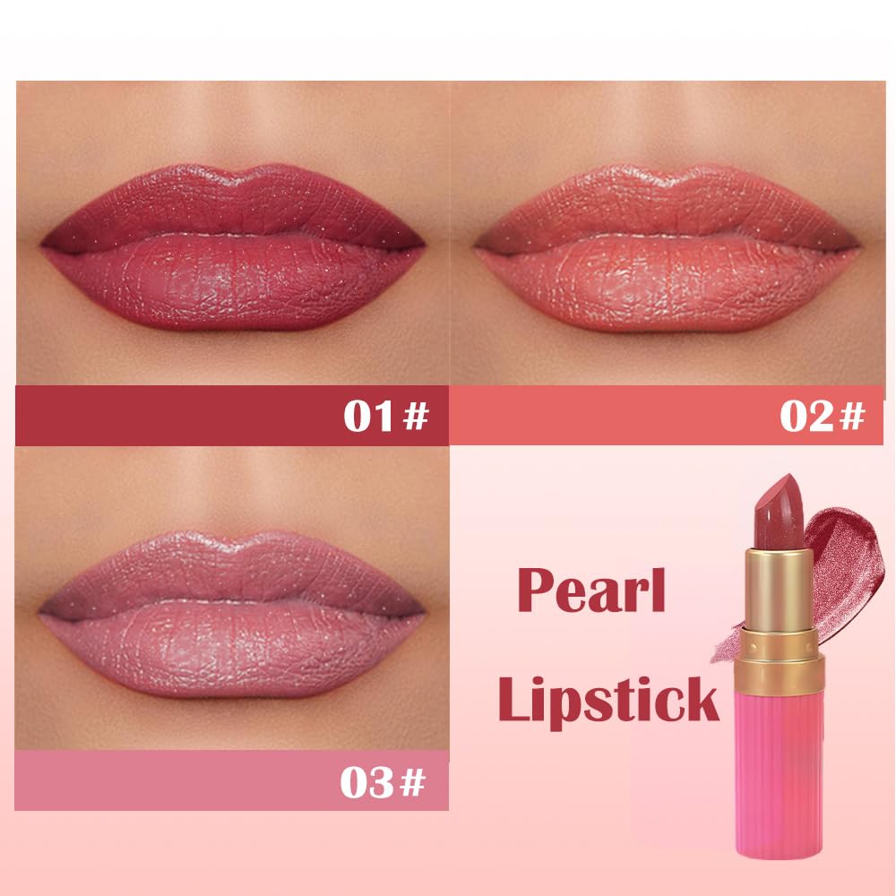 3Pcs Metallic Lipstick for Women,Lightweight Shimmer Frosted Lipstick,Glitter Lip Gloss Stain Long Lasting Waterproof Smudge Proof 24 Hour Full Coverage Lip Makeup,Vegan（01,02,03)