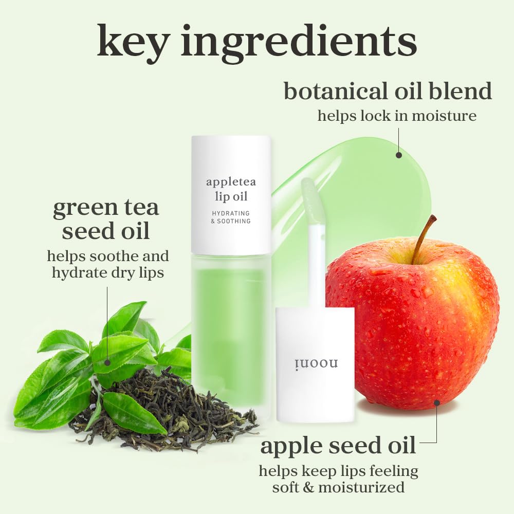 NOONI Korean Lip Oil - Appletea | Long-Lasting, Moisturizing, Plumping, Revitalizing for Dry Lips, Waterproof, No Peel Off, Hydrating, Nourishing Crystal Clear, 0.12 FL Oz