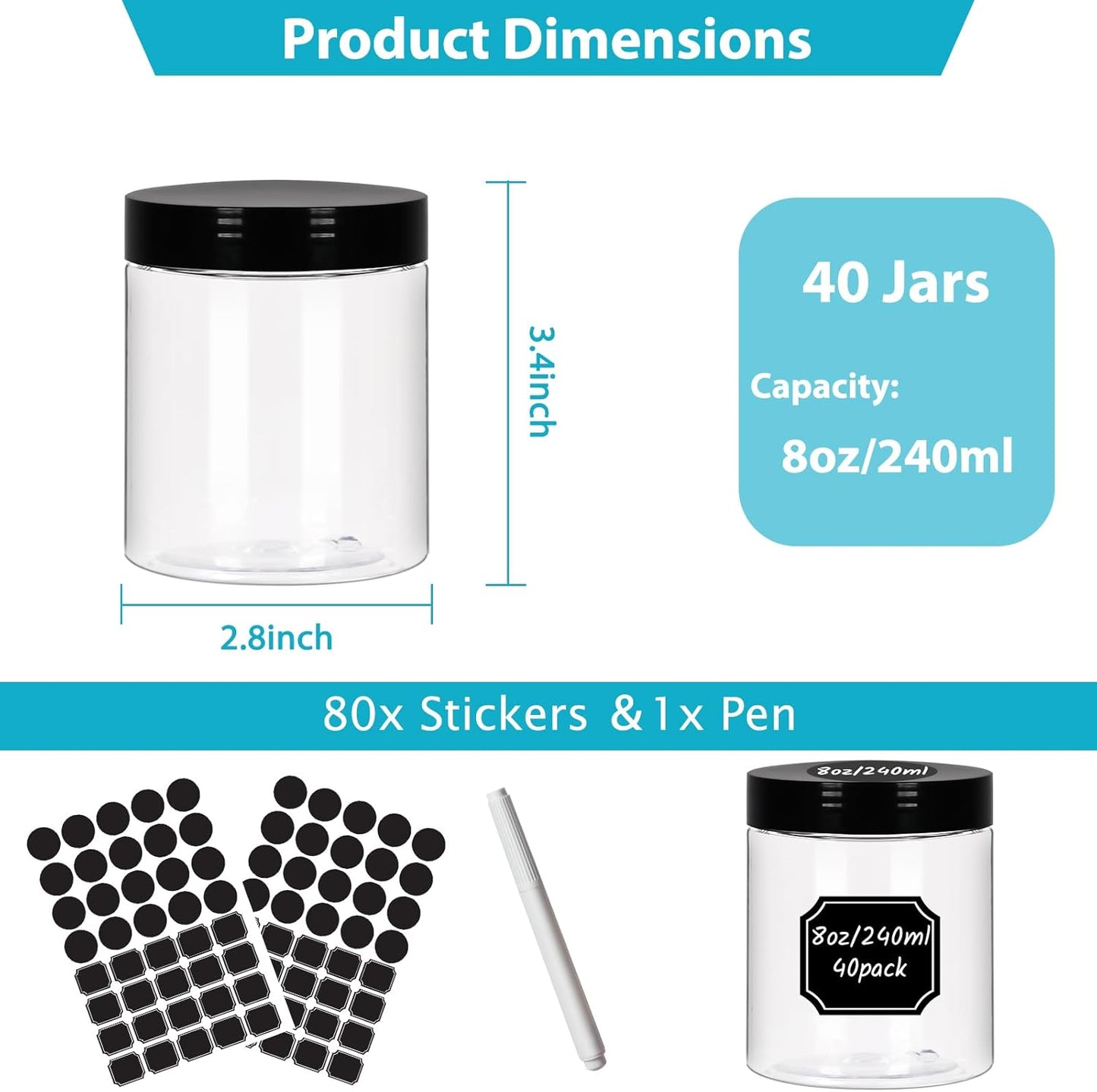 8 oz Clear Plastic Round Jars with Black Lids, 40pcs 8oz 250ml Leak-Proof Wide-Mouth Cosmetic Storage Containers for Slime, Kitchen Use, Beauty Products, Cream, Scrubs, Bath Salt and More