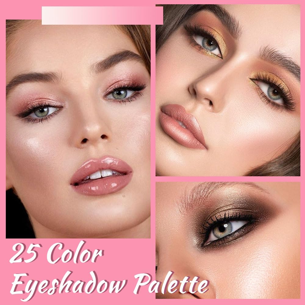 25 Colors Nude Champagne Gold Glitter Matte Shimmer Eyeshadow Palette for Eye Makeup,High Pigmented Brown Eye Shadow Primers Powder Palet de sombras de ojos